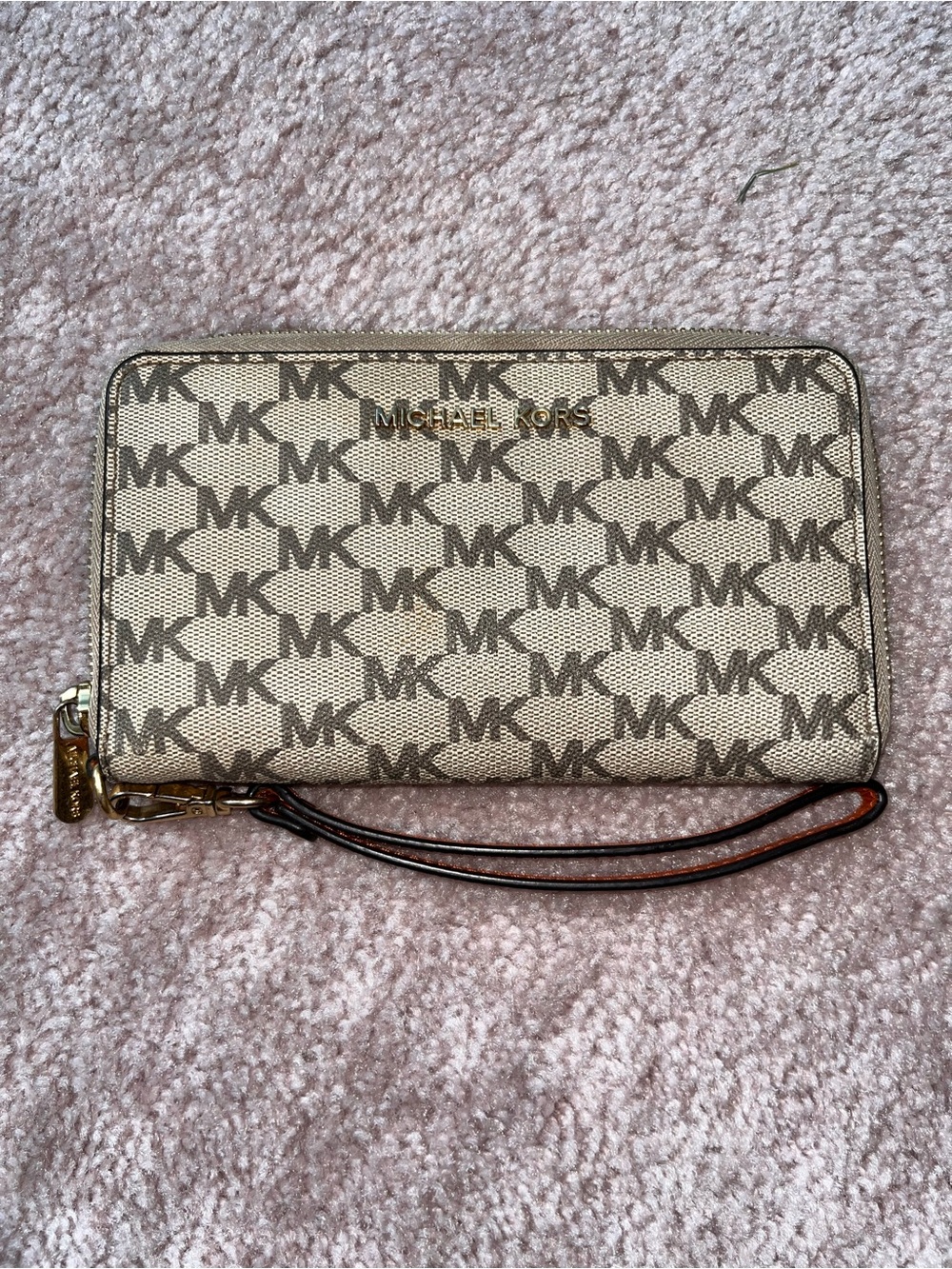 Michael Kors Beige and Brown MK Logo Zip Wristlet
